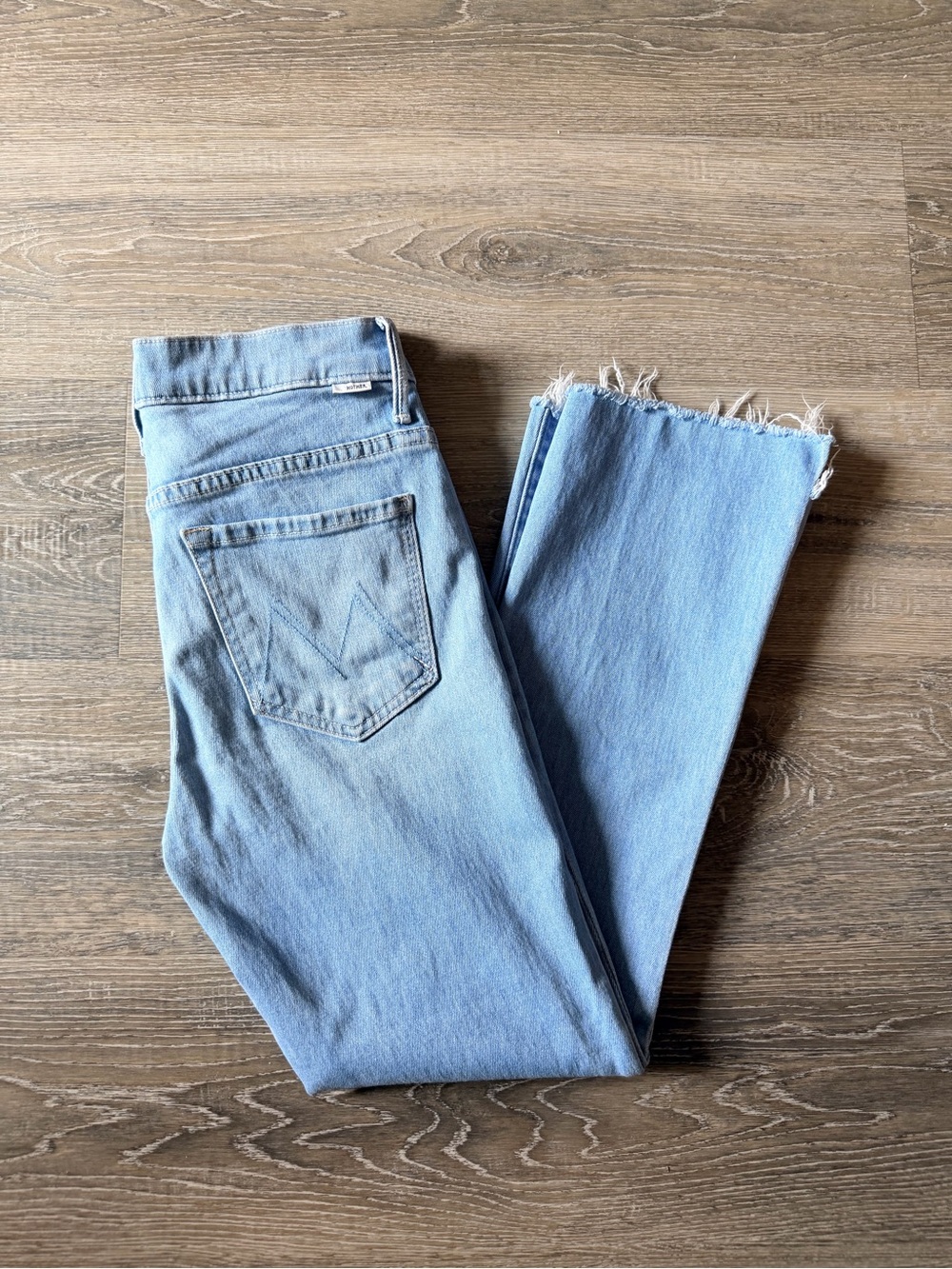 MOTHER Light Blue Denim Jeans with Tan Leather Patch